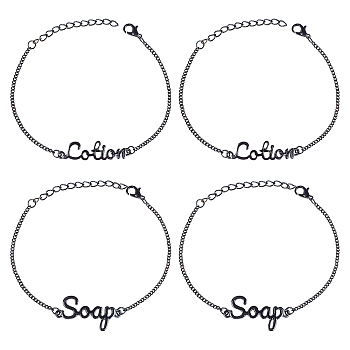 8Pcs 2 Styles Zinc Alloy Link Bracelets, with Curb Chains and Velvet Bags, Word Lotion/Soap, Electrophoresis Black, 4pcs/style