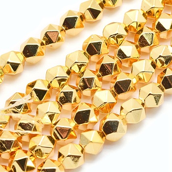 Electroplate Non-magnetic Synthetic Hematite Beads Strands, Star Cut Round Beads, Grade AA, Long-Lasting Plated, Faceted, Golden Plated, 6x5mm, Hole: 1mm, about 61pcs/strand, 15.7 inch(40cm)