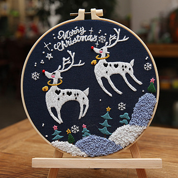 Embroidery Starter Kits, including Embroidery Fabric & Thread, Needle, Instruction Sheet, Christmas Theme, Deer, 200x200mm