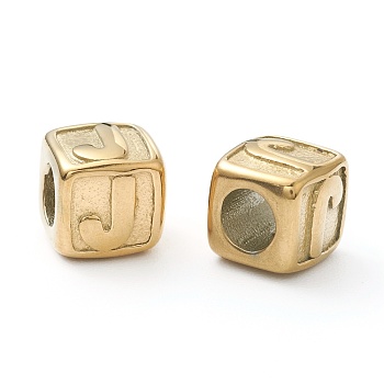 304 Stainless Steel European Beads, Large Hole Beads, Horizontal Hole, Cube with Letter, Golden, Letter.J, 8x8x8mm, Hole: 4mm