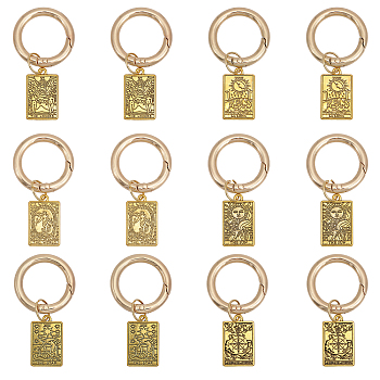 Tarot Theme Alloy Shoe Charms, with Alloy Spring Gate Rings, Rectangle with The Star XVII/The Wheel of Fortune X/The Moon XVIII Pattern, Antique Golden, 50mm, 6 style, 2pcs/style, 12pcs/set