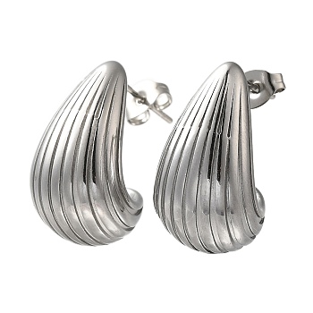 304 Stainless Steel Textured Teardrop Hoop Earrings for Women, Stainless Steel Color, 22x12.5mm