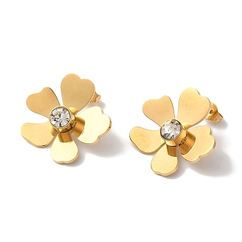 Flower Ion Plating(IP) 304 Stainless Steel Stud Earrings for Women, with Rhinestone, Golden, 21x24mm