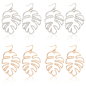 4 Pairs 2 Colors Alloy Hollow Out Monstera Leaf Dangle Earrings for Women, Platinum & Rose Gold, 52mm, Pin: 0.7mm, 2 pairs/color