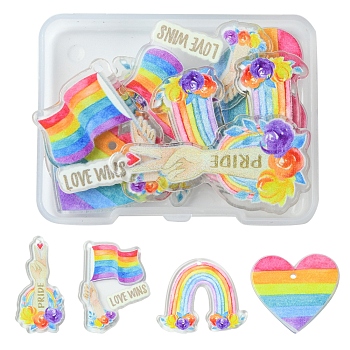 8Pcs 4 Style Pride Rainbow Acrylic Pendants, Rainbow/Heart/Flag/Rose Charm, Mixed Color, 28.5~48x24~39.5x2~2.3mm, Hole: 1.7~2mm, 2pcs/style