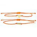 2Pcs 2 Styles Bohemian Brass Beads Braided Bead Bracelets, Nylon Thread Braided Bracelets for Women, Round & Heart, Golden, Orange, 11.02 inch(28cm)(BT1454-2)