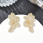 Brass & Clear Cubic Zirconia Stud Earrings, Leaf, Real 18K Gold Plated, 33x18mm(KK-CBA36A2-06G)