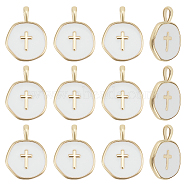 AHADERMAKER 12Pcs Brass Enamel Pendants, Long-Lasting Plated, Flat Round with Cross, Real 18K Gold Plated, White, 18x13.5x2mm, Hole: 4x2.5mm(KK-GA0001-41)