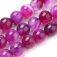 Natural Striped Agate/Banded Agate Beads Strands, Dyed, Round, Fuchsia, 10mm, Hole: 1mm, about 37pcs/strand, 14.96 inch(38cm)(G-S259-04G-10mm)