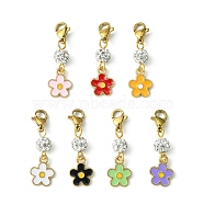 Alloy Enamel Flower Pendant Decorations, with Polymer Clay Rhinestone Beads and Stainless Steel Lobster Claw Clasps, Mixed Color, 31mm(HJEW-JM01230)