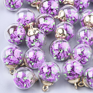 Glass Ball Pendants, with Polymer Clay and CCB Plastic Findings, Round, Golden, Blue Violet, 21x15.5~16mm, Hole: 2mm(GLAA-T003-01A)