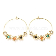 Flower Glass Hoop Earrings, Golden Tone 304 Stainless Steel Jewely for Women, Colorful, 43x35mm(EJEW-K261-01G-02)