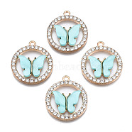 Alloy Rhinestone Pendants, with Acrylic, Cadmium Free & Lead Free, Ring with Butterfly, Light Gold, Pale Turquoise, 24.5x22x3.5mm, Hole: 1.6mm(X1-PALLOY-S183-001D-RS)