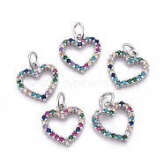 Brass Micro Pave Cubic Zirconia Charms, with Jump Rings, Heart, Colorful, Platinum, 13x12.5x2mm, Hole: 3mm(ZIRC-L070-51P)