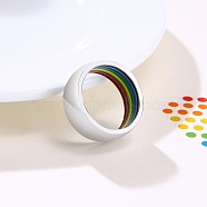 Rainbow Color Pride Flag Enamel Inner Grooved Finger Ring, Stainless Steel Plain Band Ring for Men Women, Stainless Steel Color, US Size 8(18.1mm)(RABO-PW0001-033B-P)