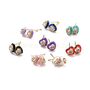Heart Sparkling Cubic Zirconia Stud Earrings for Her, Real 18K Gold Plated Brass Enamel Earrings, Mixed Color, 6.5x7.5x3.5mm, Pin: 0.8mm(ZIRC-C025-33G)