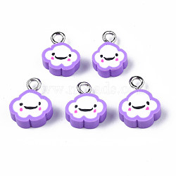 Handmade Polymer Clay Charms, with Platinum Plated Iron Loop, Cloud with Smile, Blue Violet, 11~14x9~11.5x4mm, Hole: 1.8mm(CLAY-N006-37B-01E)