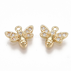 Brass Micro Pave Cubic Zirconia Charms, Bee, Clear, Nickel Free, Real 18K Gold Plated, 8.5x9.5x2mm, Hole: 1mm(X-KK-S350-081G)