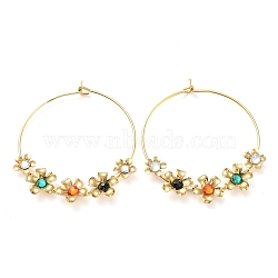 Flower Glass Hoop Earrings, Golden Tone 304 Stainless Steel Jewelry for Women, Colorful, 43x35mm(EJEW-K261-01G-02)