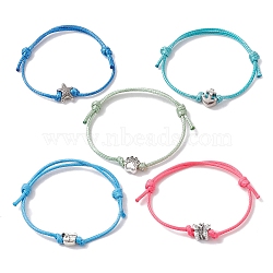 5Pcs 5 Style Antique Silver Alloy Braided Cord Bracelets Set, Polyester Adjustable Bracelets, Mixed Shapes, Inner Diameter: 2-3/8 ~3-3/8 inch(8.45cm), 1Pc/style(BJEW-JB10124)