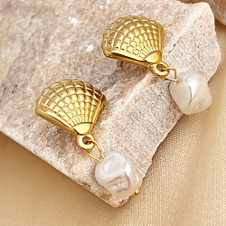 304 Stainless Steel Plastic Pearl Dangle Stud Earrings, Golden, Shell Shape, 33x16mm(EJEW-G422-01G-03)