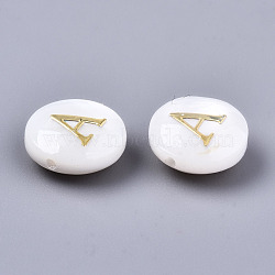 Natural Freshwater Shell Beads, with Golden Plated Brass Etched Metal Embellishments, Flat Round, Seashell Color, Letter.A, 8x3~5mm, Hole: 0.5~07mm(SHEL-S266-12A)