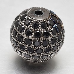 CZ Brass Micro Pave Cubic Zirconia Round Beads, Gunmetal, 14mm, Hole: 2mm(ZIRC-L017-14mm-06B)