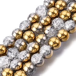 Electroplated Crackle Glass Beads Strands, Half Plated, Round, Gold, 8~8.5mm, Hole: 1~1.2mm, about 50~51pcs/strand, 14.57~14.96 inch(37~38cm)(X-EGLA-N014-8mm-04)