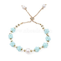 Natural Pearl & Glass Braided Slider Bracelet, Beaded Crochet Adjustable Bracelet for Women, Turquoise, Inner Diameter: 1-3/4 inch(4.5cm)(BJEW-N018-01C)