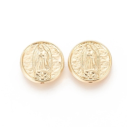 Brass Beads, Long-Lasting Plated, Flat Round with Virgin Mary, Real 18K Gold Plated, 15.5x4mm, Hole: 1.2mm(KK-F811-04G)