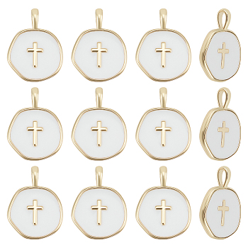 AHADERMAKER 12Pcs Brass Enamel Pendants, Long-Lasting Plated, Flat Round with Cross, Real 18K Gold Plated, White, 18x13.5x2mm, Hole: 4x2.5mm