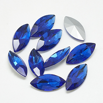 Pointed Back Glass Rhinestone Cabochons, Back Plated, Faceted, Horse Eye, Sapphire, 8x4x2mm