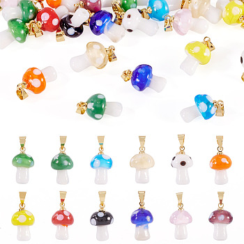24Pcs 12 Colors Handmade Lampwork Pendants, Mushroom, with Rack Plating Brass Findings, Long-Lasting Plated, Golden, Mixed Color, 16~17x9.5~10.5mm, Hole: 4.5x3.5mm, 2pcs/color