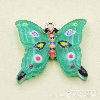 Transparent Resin Pendants, with Platinum Tone Iron Loops, Butterfly Charms, Medium Aquamarine, 23x24.5x5mm, Hole: 2mm