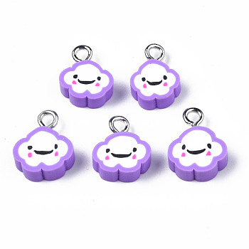 Handmade Polymer Clay Charms, with Platinum Plated Iron Loop, Cloud with Smile, Blue Violet, 11~14x9~11.5x4mm, Hole: 1.8mm