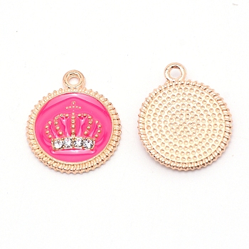 Alloy Enamel Crown Jewelry Pendant, with Crystal Glass Rhinestone, Light Gold, Flat Round, Deep Pink, 20x16.5x2.5mm, Hole: 1.2mm