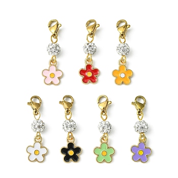 Alloy Enamel Flower Pendant Decorations, with Polymer Clay Rhinestone Beads and Stainless Steel Lobster Claw Clasps, Mixed Color, 31mm