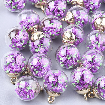 Glass Ball Pendants, with Polymer Clay and CCB Plastic Findings, Round, Golden, Blue Violet, 21x15.5~16mm, Hole: 2mm