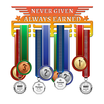 Color Gradient Iron Medal Holder, Medals Display Hanger Rack, Medal Holder Frame, Rectangle with Word NEVER GIVEN ALWAYS EARNED, Dark Orange, 150x400x2mm