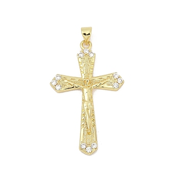 Brass Micro Pave Cubic Zirconia Pendants, Crucifix Cross, Lead Free & Cadmium Free, Long-Lasting Plated, Rack Plating, Real 18K Gold Plated, 41x25x3.5mm, Hole: 3.5x4.5mm