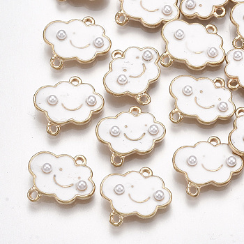Alloy Enamel Links connectors, with ABS Plastic Imitation Pearl, Cloud, Light Gold, White, 15x15x3mm, Hole: 2mm