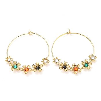 Flower Glass Hoop Earrings, Golden Tone 304 Stainless Steel Jewely for Women, Colorful, 43x35mm