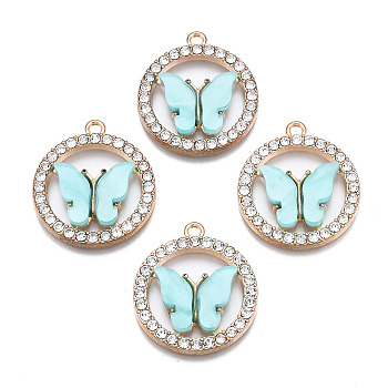 Alloy Rhinestone Pendants, with Acrylic, Cadmium Free & Lead Free, Ring with Butterfly, Light Gold, Pale Turquoise, 24.5x22x3.5mm, Hole: 1.6mm
