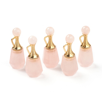Faceted Natural Rose Quartz Pendants, Openable Perfume Bottle, with Golden Tone Brass Findings, 41~43x16~17x15~16mm, Hole: 10mm, capacity: 1ml(0.03 fl. oz)