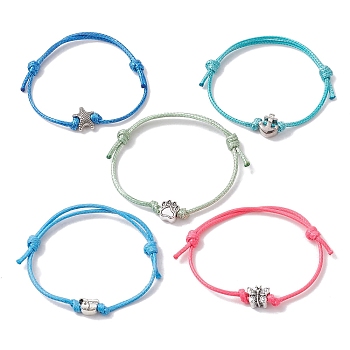 5Pcs 5 Style Antique Silver Alloy Braided Cord Bracelets Set, Polyester Adjustable Bracelets, Mixed Shapes, Inner Diameter: 2-3/8 ~3-3/8 inch(8.45cm), 1Pc/style