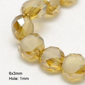 Electroplate Glass Beads, Half Plated, Faceted, Frosted, Flat Round, Gold, 6x3mm, Hole: 1mm
