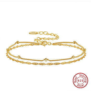 925 Sterling Silver Rope & Satellite Chains Double-Layer Multi-strand Bracelet, with S925 Stamp, Real 14K Gold Plated, 6-3/4 inch(17.2cm)