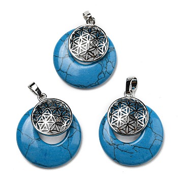 Synthetic Turquoise Pendants, Spiritual Charms, with Platinum Tone Brass Findings, Flat Round with Flower of Life/Sacred Geometry, Dyed, 32~32.5x28~30x7~7.5mm, Hole: 5x8mm