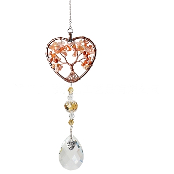 Big Pendant Decorations, Hanging Sun Catchers, with Carnelian Beads and K9 Crystal Glass, Heart with Tree of Life, 35.5cm