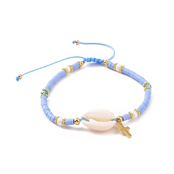 Adjustable Nylon Thread Braided Bead Bracelets, with Cross Charms, Natural Cowrie Shell Beads and Polymer Clay Heishi Beads, Golden, Light Sky Blue, Inner Diameter: 2-1/8~2-3/4 inch(5.3~7cm)